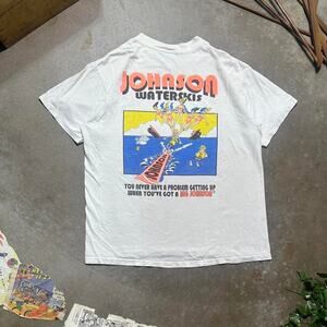 Vintage 90s Single Stitch Big Johnson Waterskis Funny Tee Mens Large White Shirt